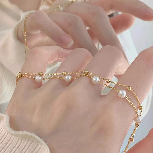 925 Sterling Silver Minimalist Pearl Double-Layer Bracelet, Exquisite Starry Stacked Bracelet
