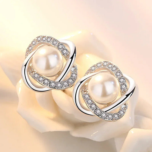 925 Sterling Silver Earrings Zircon Pearl Twist Luxury style Stud Earrings For Women