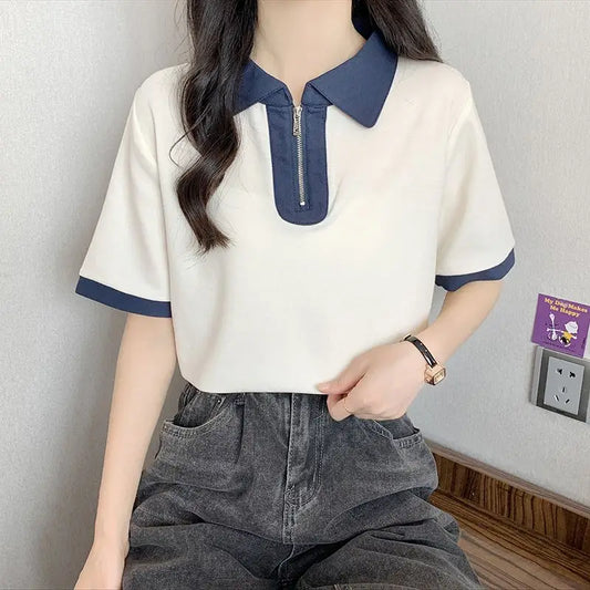 Summer Korean Fashion Zipper Color Block Polo Collar Short Sleeve Women Clothing