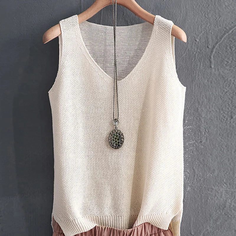 Women Summer Sleeveless Knitted Blouse Shirt Women Clothes V-neck Tops