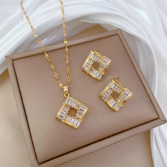 Fashion Charm Micro-Inlaid Shaped Jewelry Cubes Stainless Steel Necklace Earrings Set for women/ladies