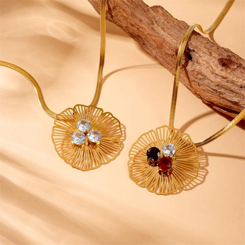Stainless Steel Hollow Flower Inlaid With Zircon Necklace Earrings Ring For Women New Trend Non-fading Jewelry Set