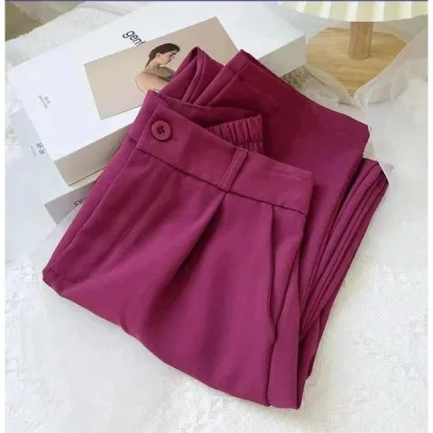 Elastic High Waist Suit Women Pants, Casual Loose Straight Black Office Ladies Trouser
