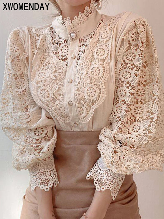 Women Chiffon Button Turtleneck Shirt Chic Elegant Floral Lace Fluffy Long Sleeve Top Fashion Hollow Oversize Blouse