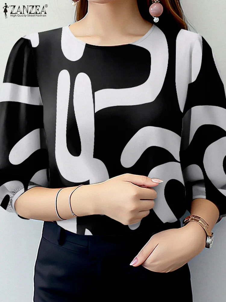 Elegant Office Work Blouses Stylish Spring O Neck 3/4 Sleeve Printed Retro Holiday Blouse