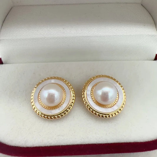 Natural Freshwater Pearl Fashion Round Design 14K Gold plated Stud Earrings Jewelry For Women