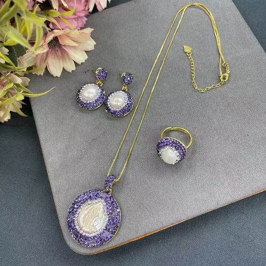 Natural Baroque Pearl Jewelry Three-piece Pearl,Natural Stone Color Retaining Electroplating Jewelry