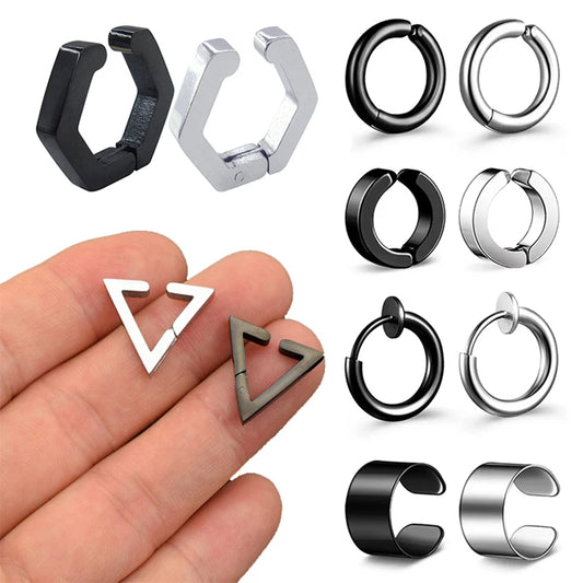1 Piece Polygon Ear Clip Earrings For Women/Men Stainless Steel Painless No-pierced Ear Circle Trend Hip-hop Cool Ear Jewelry