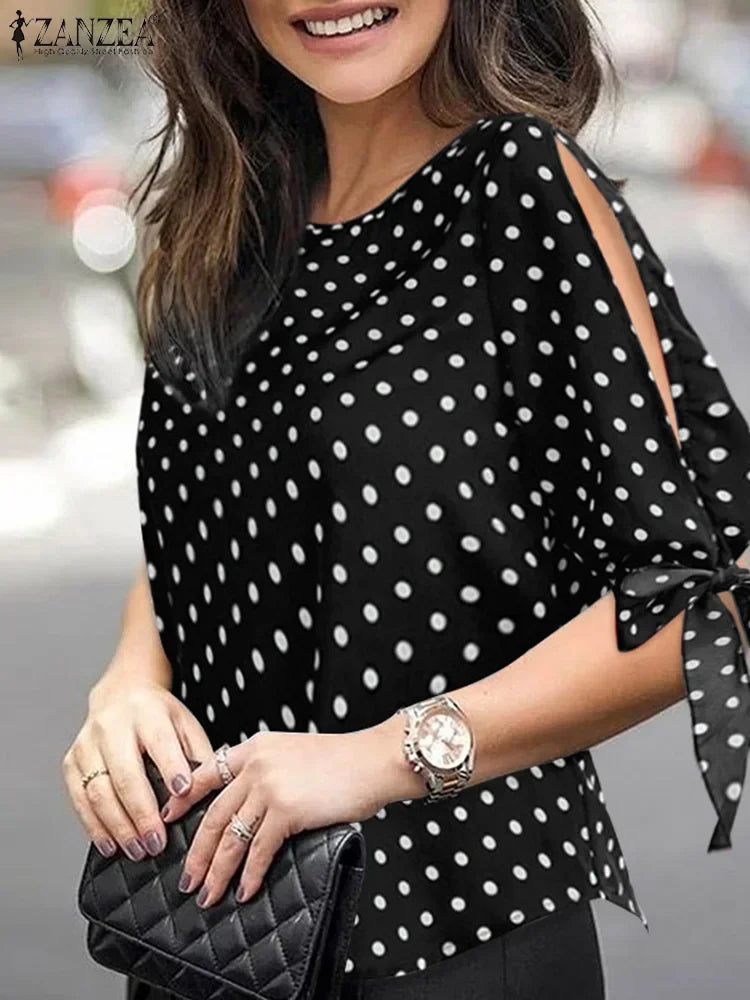 Woman Casual Polka Dots Printed Blouse Fashion Holiday Shirt Half Sleeve O-Neck Tunic Tops