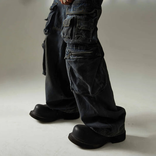 Men's Vintage Multi Pocket Baggy Jeans Dirty Washed Cargo Denim Pants Retro Hip Hop Wide-leg Jean Pants