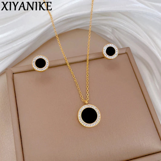 Stainless Steel Necklace Earring Set Black Temperament Drop Paint Circular Crystal Woman Clavicle Chain Ear studs