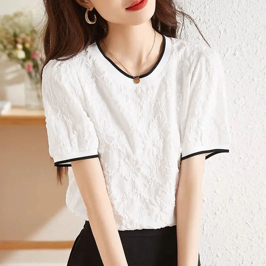 Summer Korean Fashion Patchwork O-neck Short Sleeve Women Clothing