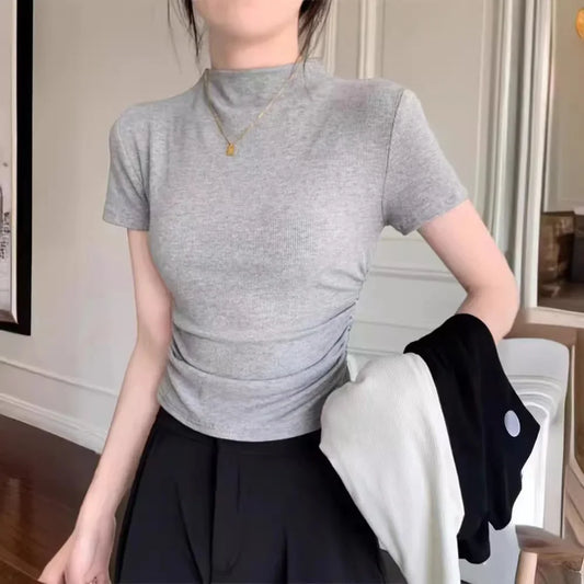 Women's Half-polo Turtle Neck Sleeve T-shirt Summer Style Base Layer Top Inner Smooths Silhouette Cropped Top