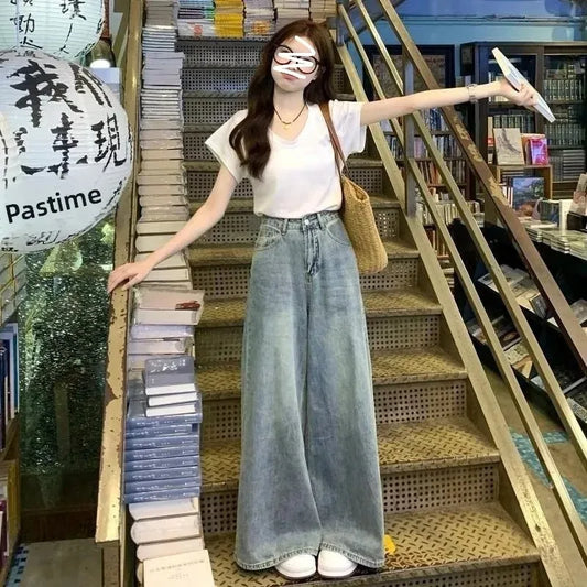 Spring Summer Thin High Waist Slimming Wide Leg Jeans Female Elephant Leg Floor Length Pants Washed Vintage Loose Fit Denim