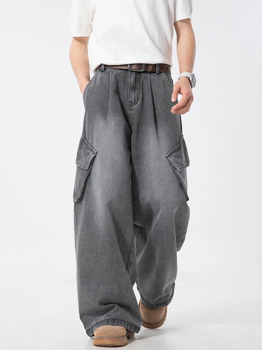 Y2K Fashion Multi Pockets Washed Blue Baggy Mens Jeans Cargo Pants
