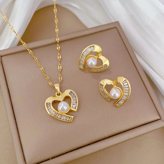 Classic Micro-inlaid Gorgeous Pearl Heart-shaped Stainless Steel Necklace Earrings Set Fashionable for Girls