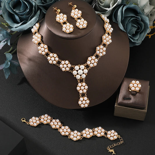 Stainless Steel Vintage luxury pearl flower Pendant Necklace Earrings Bracelet ring Jewelry Set