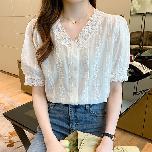 Summer Short Sleeve White Blouse Shirt Women Tops Blusas Verano Lace V-Neck Blouse Women Blouse