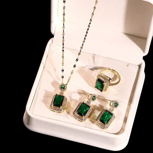 Luxury style Emerald Color Earring Necklace Rings Set For Woman Stainless Steel Zircon Rectangle Pendant Necklace