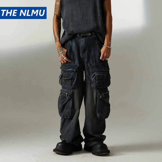 Men's Vintage Multi Pocket Baggy Jeans Dirty Washed Cargo Denim Pants Retro Hip Hop Wide-leg Jean Pants
