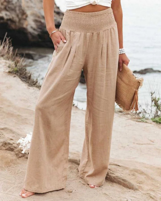 Elegant Retro Solid Baggy Pants Women Loose Elastic High Waist Pocket Vintage Linen Wide Leg Pants Streetwear Office Trousers