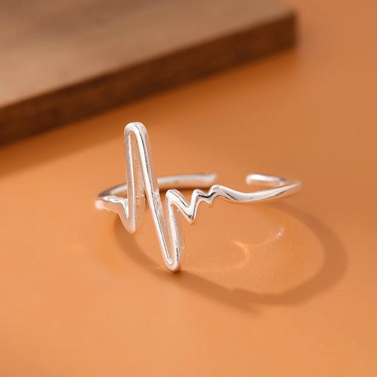 Fashion Electrocardiogram 925 Sterling Silver Wave Heartbeat Lightning Opening Rings