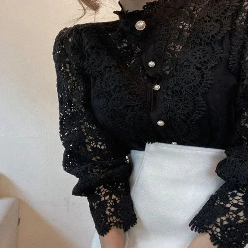 Shirt Women Office Lady Flower Blouse Spring Hollow Out Lace  Stand Collar Button Female Clothing