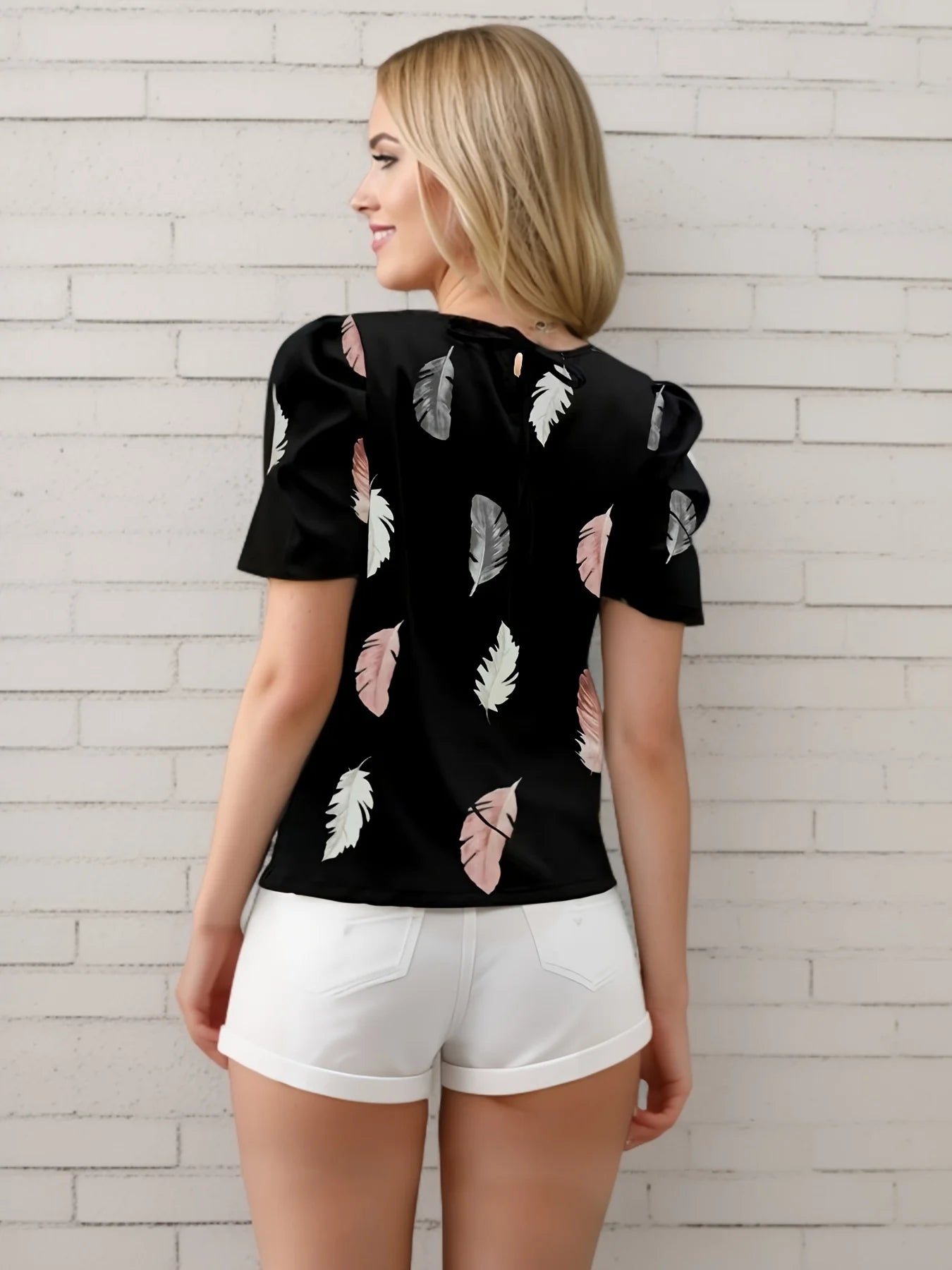 Feather Print Staff Collar Shirt, Elegant Puffy Sleeve Casual Shirt For Spring And Summer, Ladies Blouse